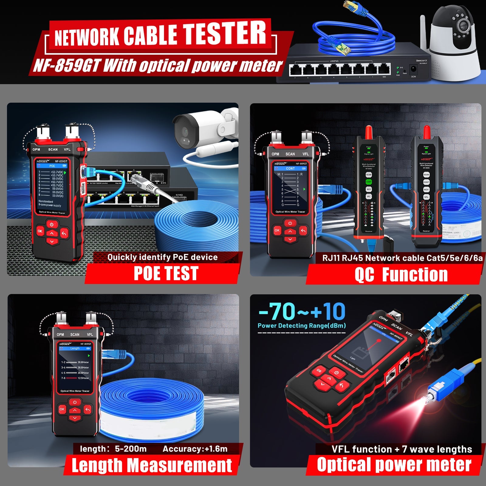 NOYAFA NF-859GT 10-in-1 Multifunction Network Cable Tester with Alignment Test, Wire Detection, Port Blinking, Cable Length Test, PoE Test, Crimping Test, OPM & VFL for Ethernet & Fiber Installation, Maintenance, Troubleshooting, and Structured Cabling