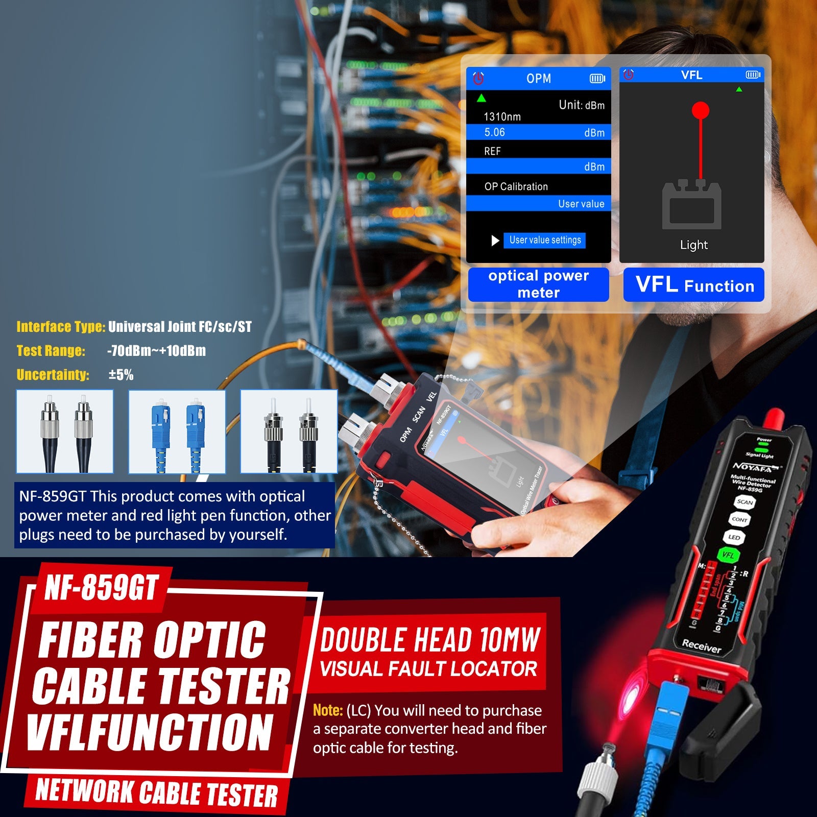 NOYAFA NF-859GT 10-in-1 Multifunction Network Cable Tester with Alignment Test, Wire Detection, Port Blinking, Cable Length Test, PoE Test, Crimping Test, OPM & VFL for Ethernet & Fiber Installation, Maintenance, Troubleshooting, and Structured Cabling